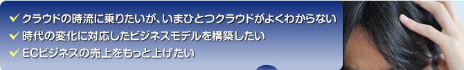 クラウドの時流に乗りたいが、いまひとつクラウドがよくわからない／時代の変化に対応したビジネスモデルを構築したい／ECビジネスの売上をもっとあげたい